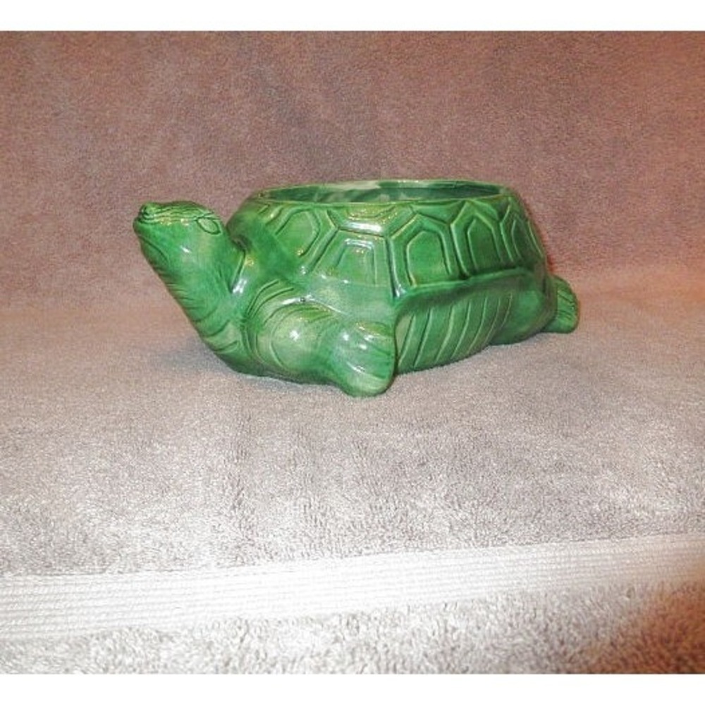 Vtg Great Plains Turtle Planter Pot 10" Green Glaze MCM Ceramic Pottery 50S USA